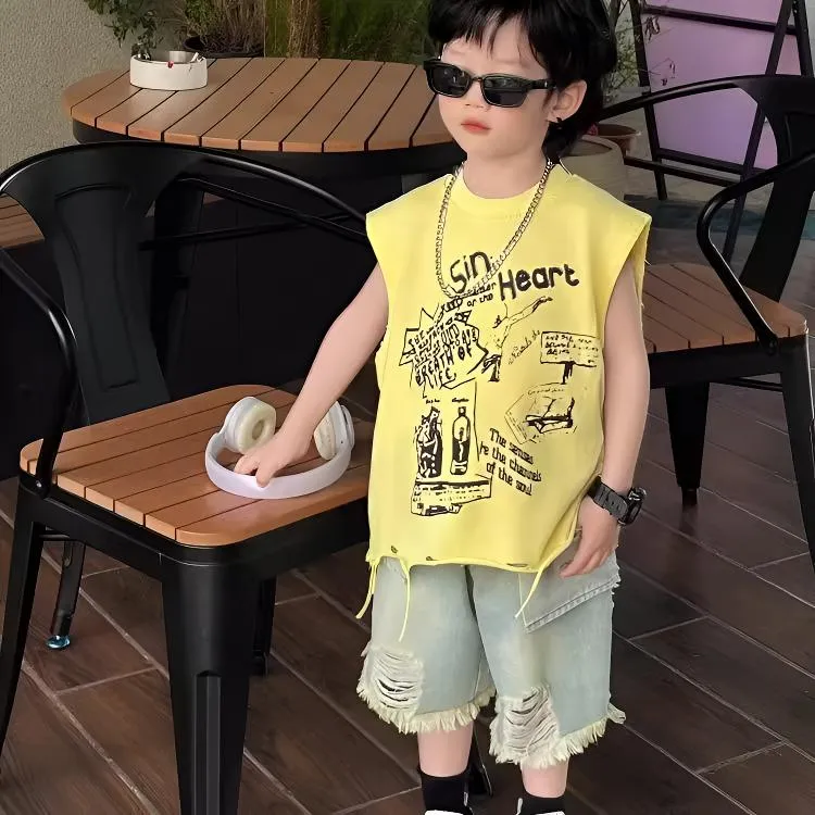 夏季文字男卡通动漫运动风套装韩版个性百搭无袖宽松休闲牛仔裤潮