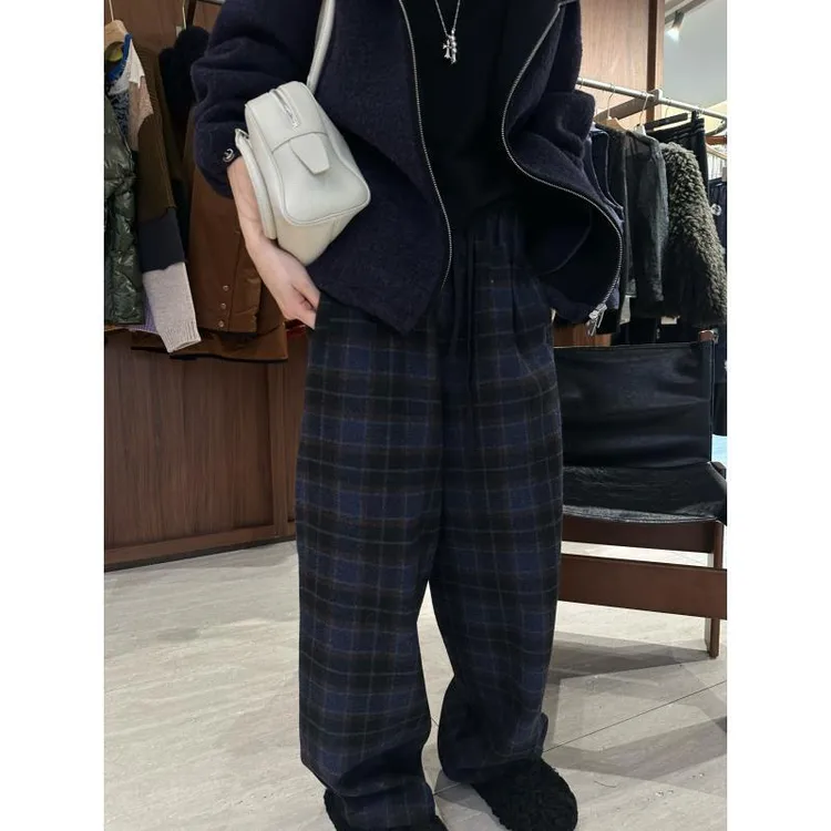 羊毛全松紧腰撞色格子直筒阔腿裤  J25KZ850