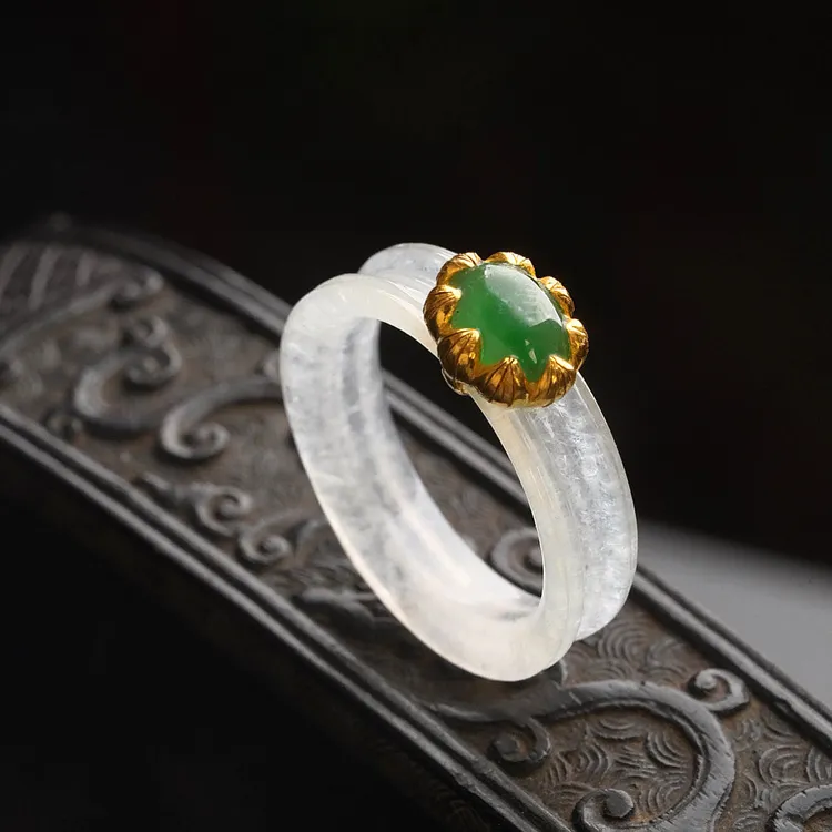 【莲清】足金高冰翡翠戒指指环 冰阳绿简约高级设计 圈口拾柒