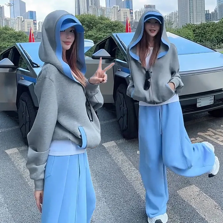 潮流百搭拼色休闲运动套装女2025春秋新款洋气减龄卫衣外套阔腿裤