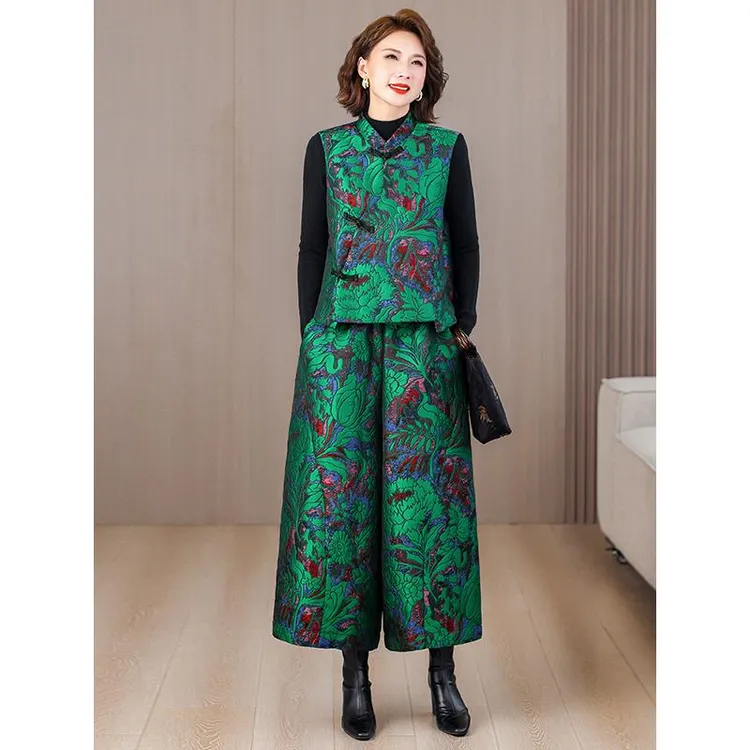 高端妈妈秋冬新款阔太香云纱洋气提花马甲大码松紧腰花苞裤套装女