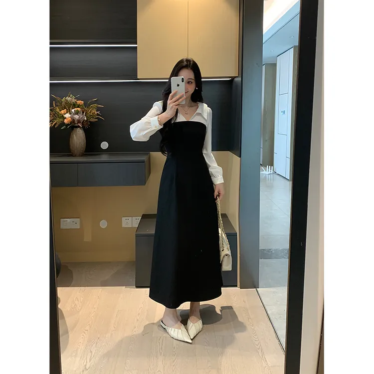 XINYI【韩系千金】秋季小翻领假两件连衣裙收腰显瘦裙X625Q15832