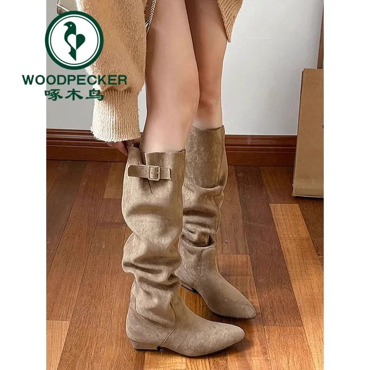 啄木鸟慵懒感女冬复古堆堆靴法式显瘦高筒靴粗跟绒面卡其色长靴