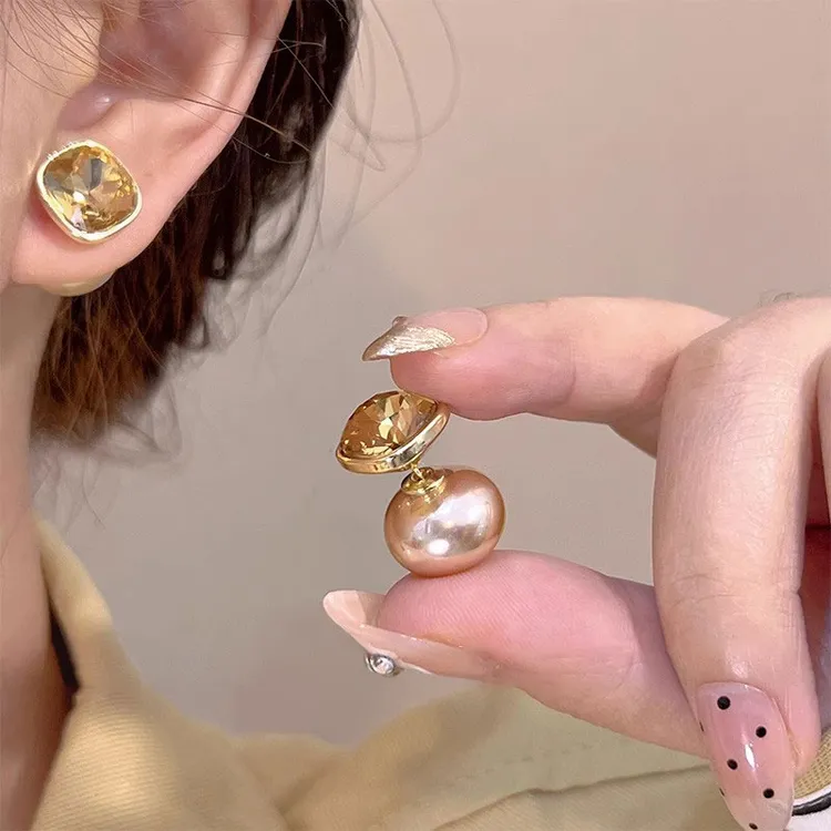 温柔人设！方糖闪钻仿珍珠耳钉新款爆款高级感耳环两戴式耳饰1525