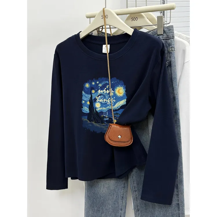 美式潮牌印花正肩圆领t恤大码女装2025秋季新款抓绒打底长袖上衣