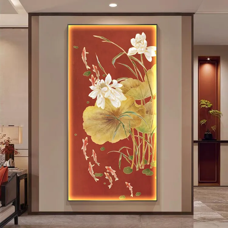 新中式玄关装饰画荷花客厅走廊过道挂画高级感九鱼图书房茶室壁画