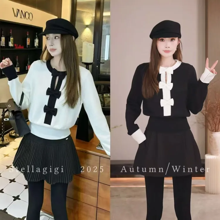 SG / 杨依姗 AW韩系千金 蝴蝶结撞色圆领长袖针织衫MY-20252312