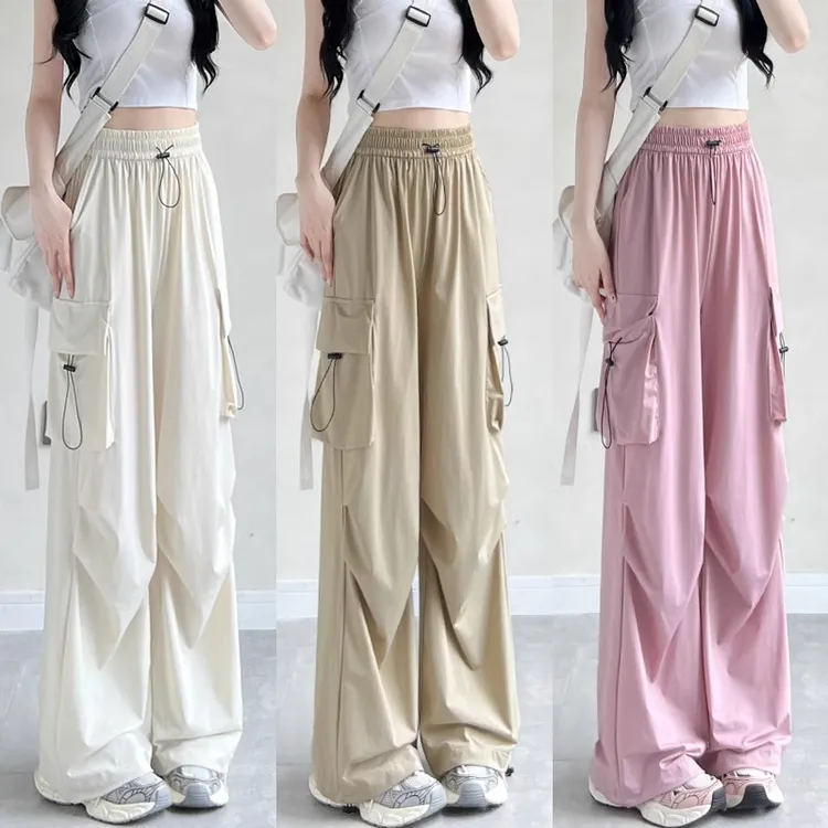 美式高腰工装裤女款夏季2025新款垂感百搭直筒宽松薄款冰丝阔腿裤