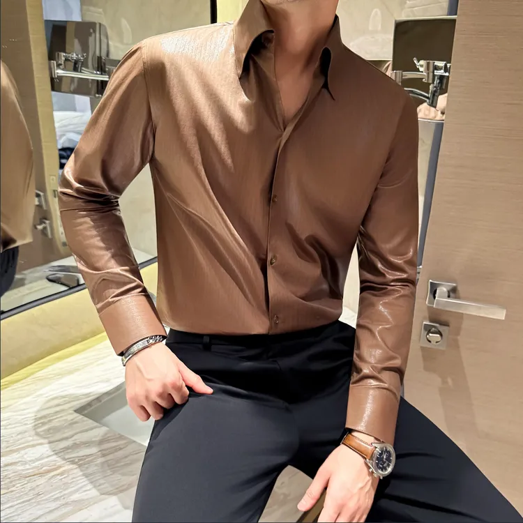 高阶亮面丝光质感长袖衬衫垂坠修身轻奢商务儒雅男士正装打底衬衣