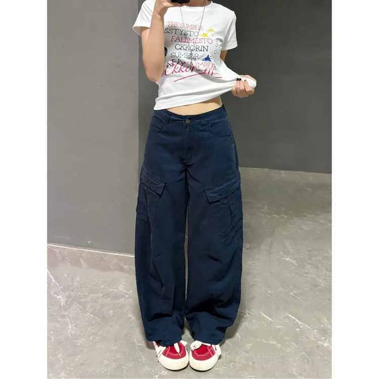 NOMIO美式复古宽松百搭显瘦弯刀工装裤米白色多口袋阔腿休闲裤女