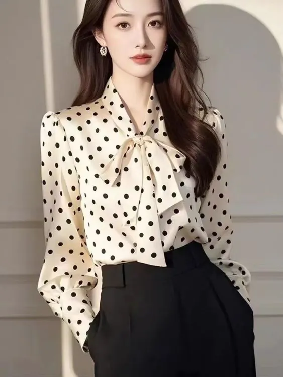 T法式风飘带波点雪纺衬衫女春季高级感通勤女士衬衣别致漂亮上衣