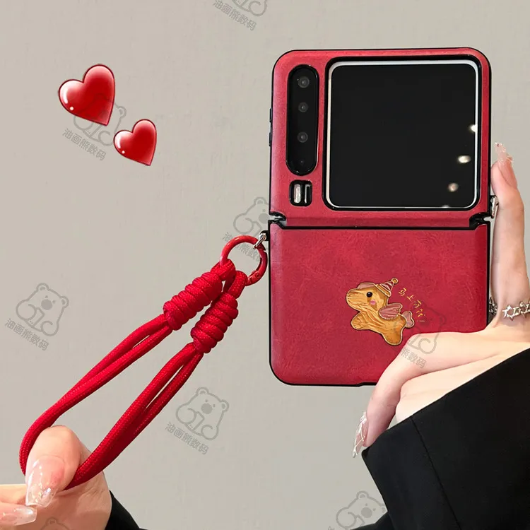 油画熊适用于华为PuraX折叠新年手机壳防摔耐脏红色高颜值斜挎ins
