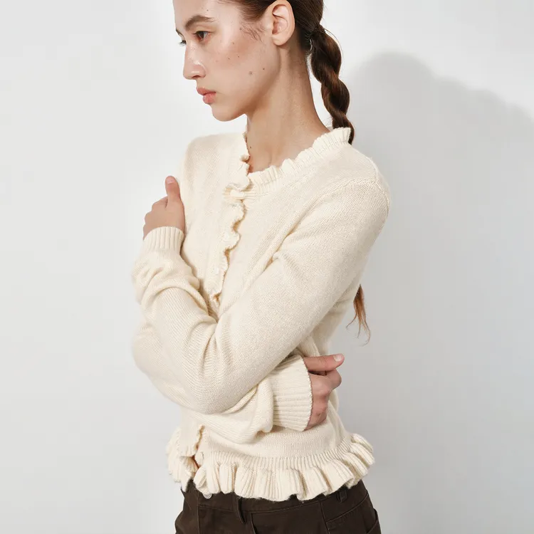 NUTH羊毛混纺正肩短款修身显瘦针织开衫女 深咖色/粉色/奶油白色