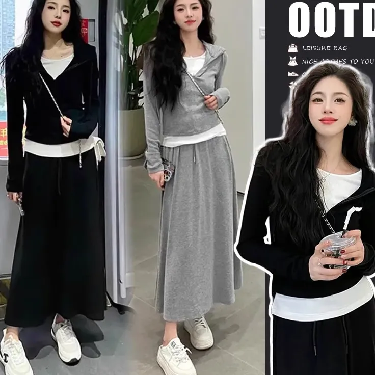 孕妇装春秋2025新款洋气时尚连帽卫衣假两件穿搭半身裙孕妇连衣裙