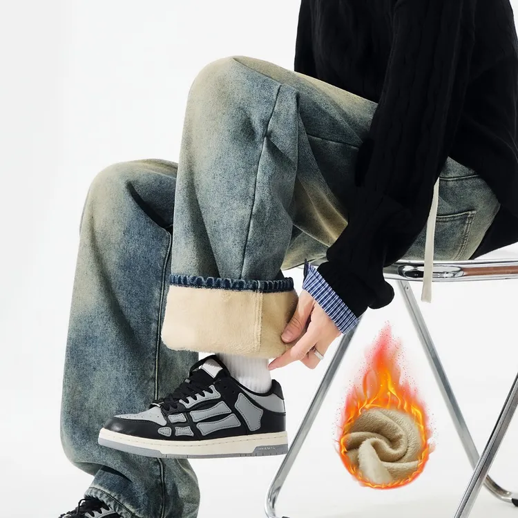 加绒加厚牛仔裤男2025秋冬新款vibe潮流大码cleanfit男生阔腿裤子