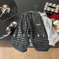 童例「25476亲子灰黑加绒条纹休闲裤」秋冬儿童宽松长裤男童女童潮