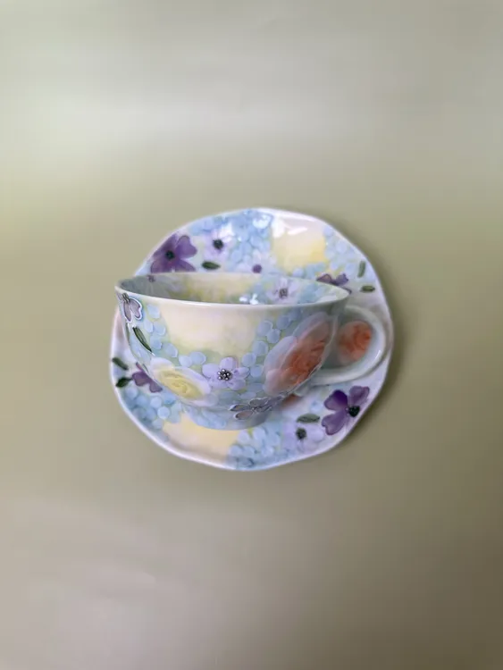 【一起淘儿】C18#咖啡杯碟 月季花韵 濑户烧 咖啡杯 精瓷 陶瓷
