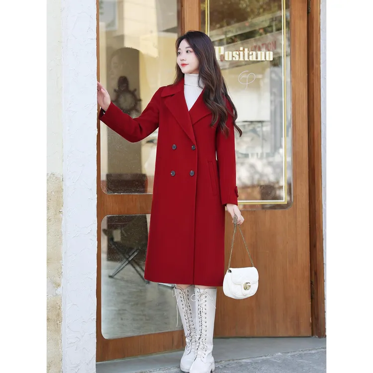 新年韩系双面羊毛大衣女中长款2026年新款红色毛呢高级感呢子外套