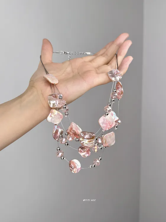 铜合金项链 独特多层粉色不规则碎石项链2025年新款多层锁骨链