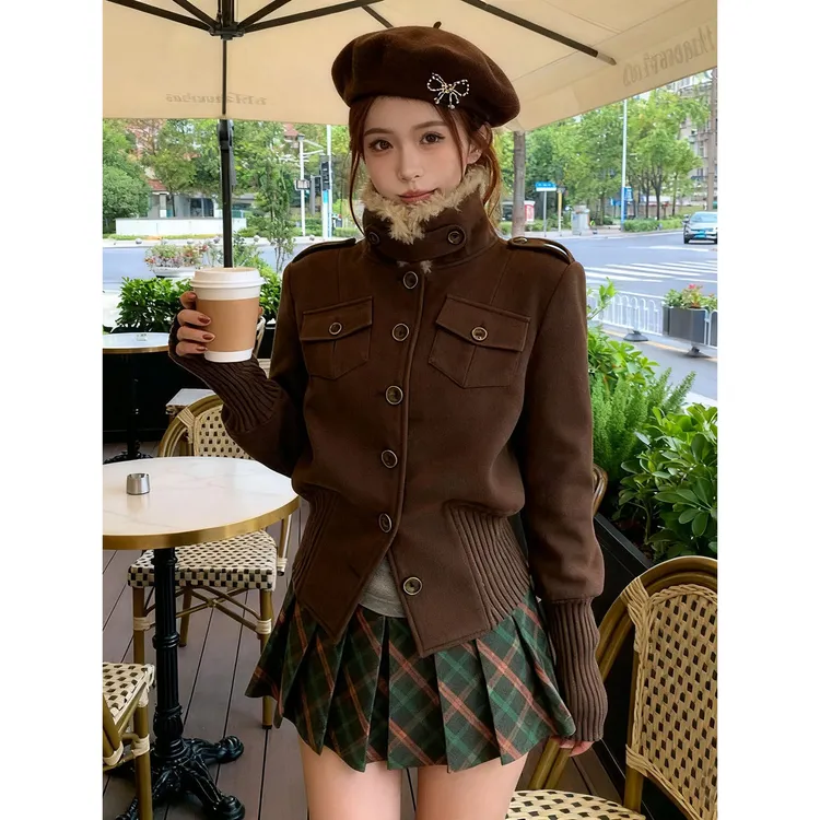 高级感复古气质咖色毛领短外套女秋冬老钱风保暖掐腰夹克毛呢外套