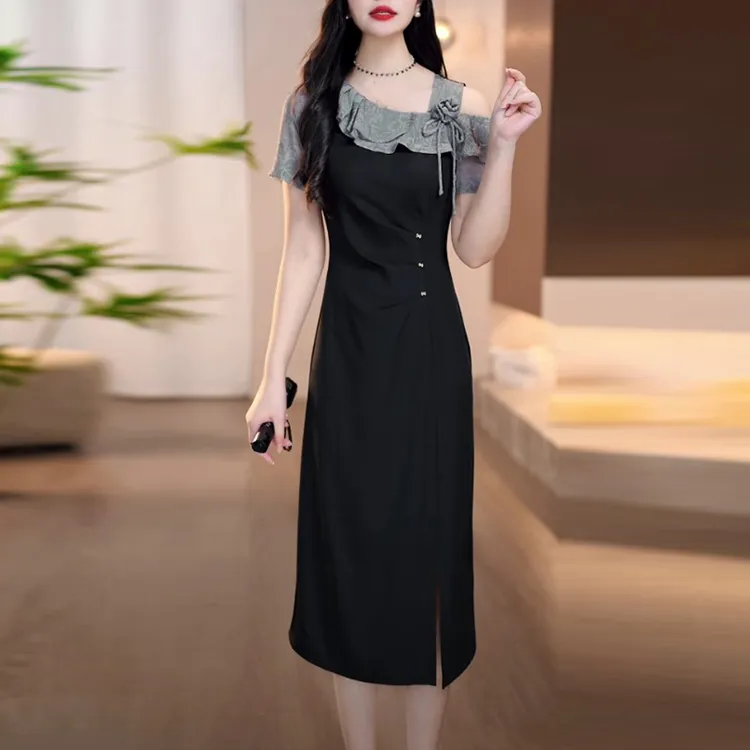 冰丽丝轻奢女装2025夏季新款时尚复古名媛风优雅黑色修身连衣裙子