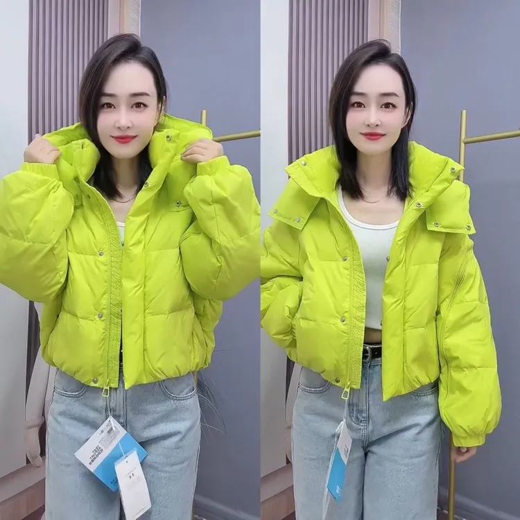 甜美短款袖子拉链设计连帽糖果色服女冬季加厚保暖外套袄