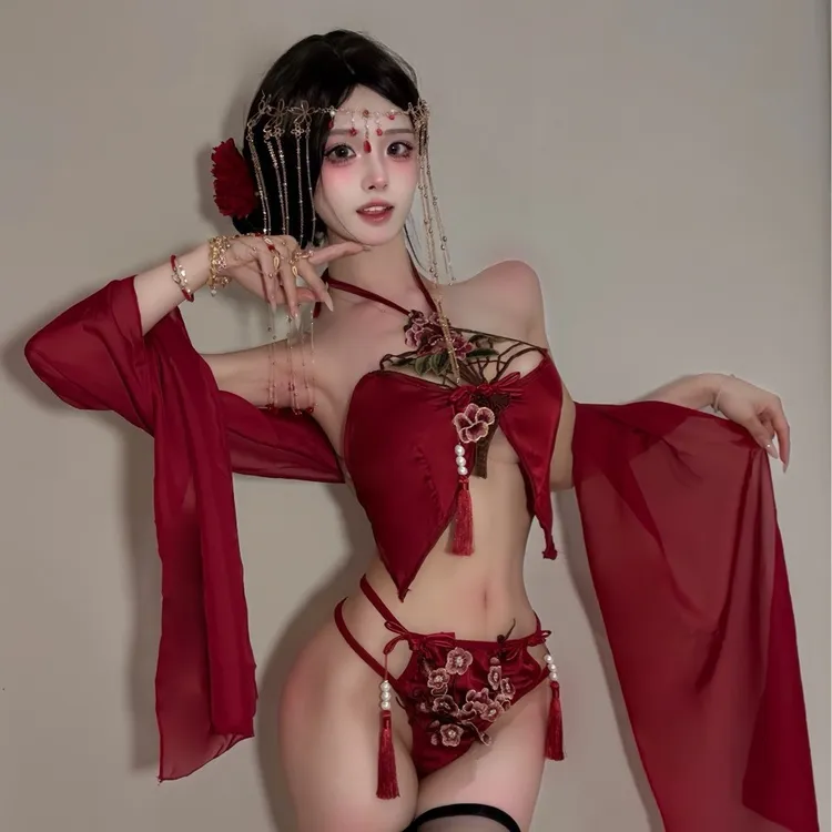 纯欲慵懒内衣古典肚兜刺绣蕾丝流苏系带镂空舞女汉服情侣披肩套装