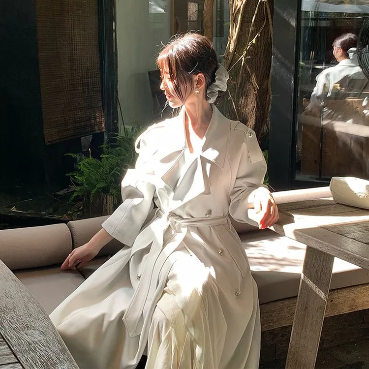 2025春秋中长款过膝英伦风衣外套女双排扣白色翻领短款小个子大衣