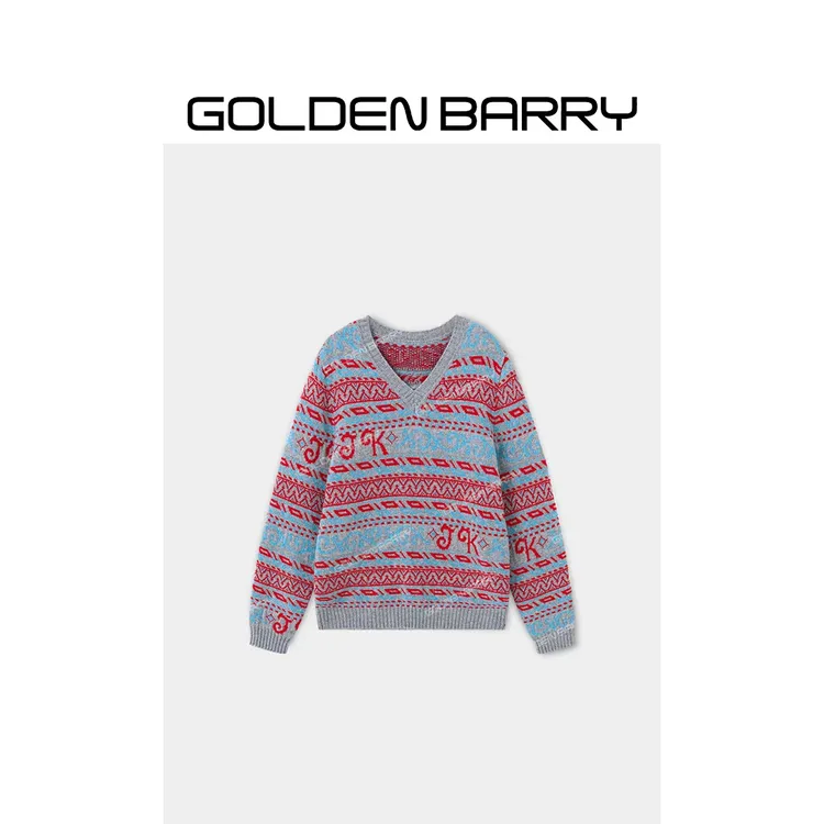 GOLDENBARRY|241270复古老钱风V领提花毛衣
