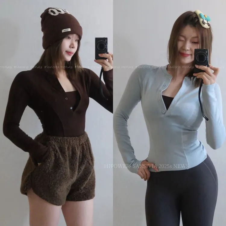 HIPOWER亨利领加绒运动T恤健身秋冬保暖排扣V长袖弹力瑜伽上衣女