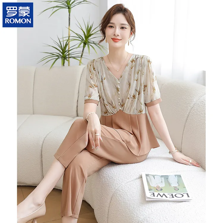 罗蒙洋气妈妈夏装套装新款中老年女短袖花色上衣五十岁薄款两件套