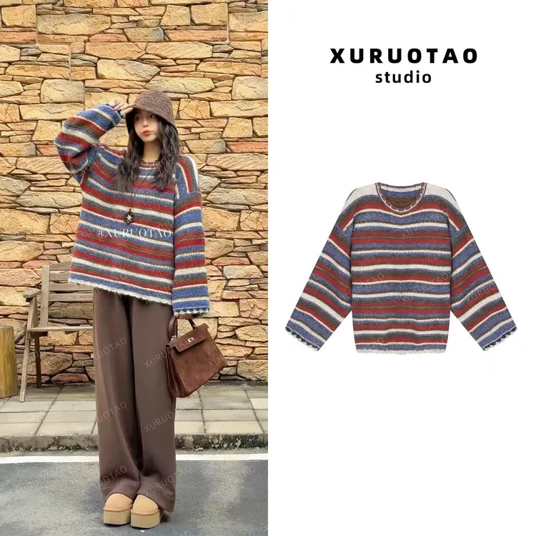 XURUOTAO 【港岛条纹】羊毛混纺彩条针织设计显瘦彩色上衣 T5896