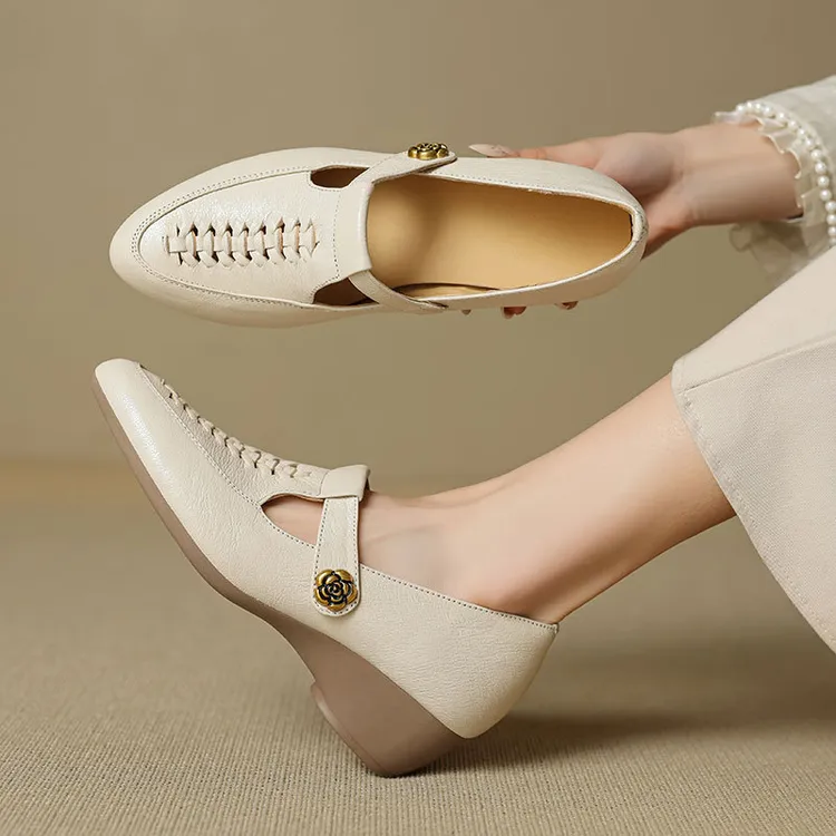 编织镂空平底坡跟单鞋女春季软皮软底妈妈鞋真皮白色玛丽珍小皮鞋