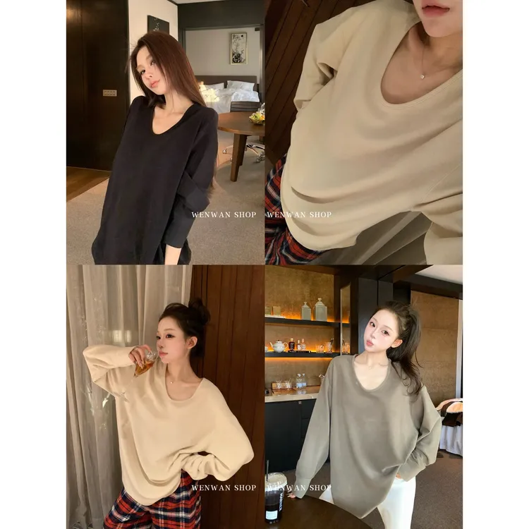 【德绒年糕T】3色！松弛感V领长袖T恤女秋冬内搭T恤