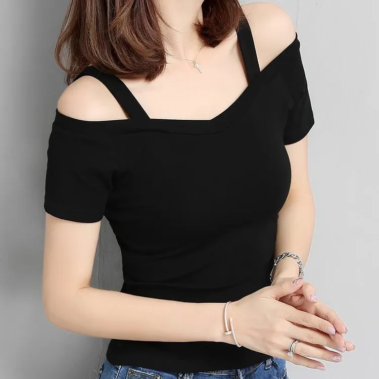 洋气2024夏季新款韩版露肩吊带T恤一字领性感女士黑色短袖纯色女
