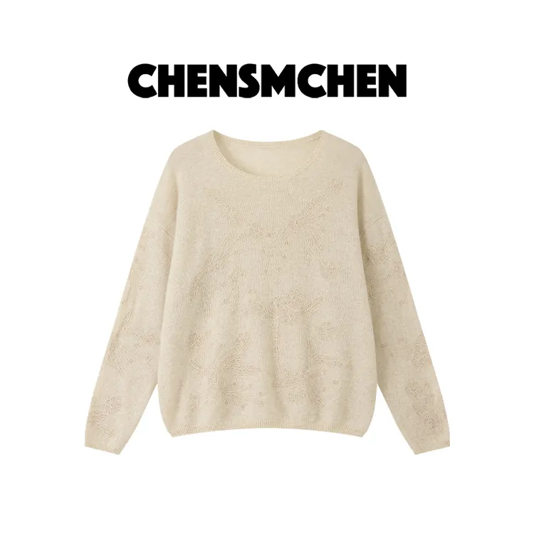 CHENSMCHEN 山羊绒绣花圆领针织衫女复古时尚百搭上衣CSZ8056SL