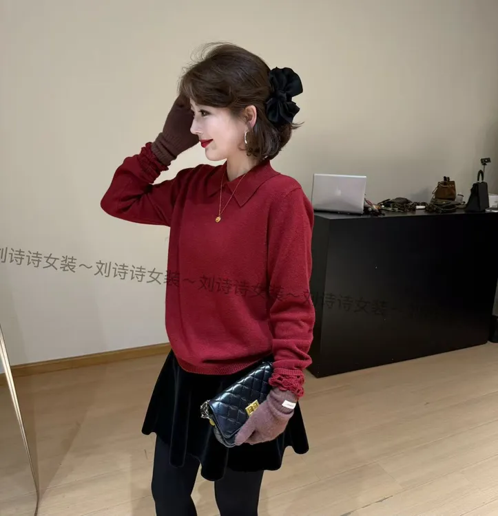 293【多彩秋季】诗诗家2025秋简约设计感蕾丝套头翻领绵羊毛针织衫