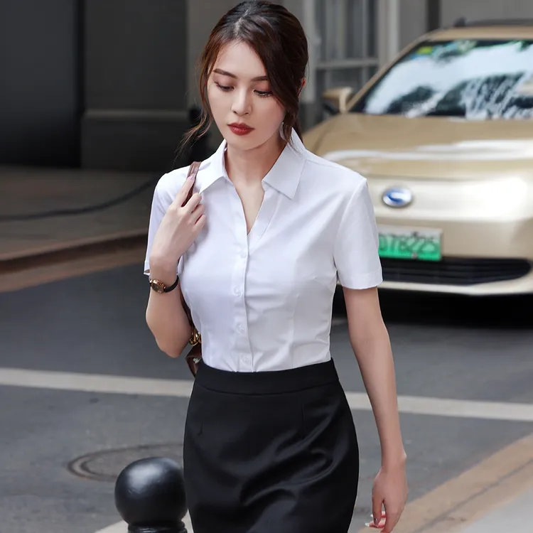 【弹力抗皱V领长/短袖】女士衬衫防曝光气质修身上班职业衬衣8501V