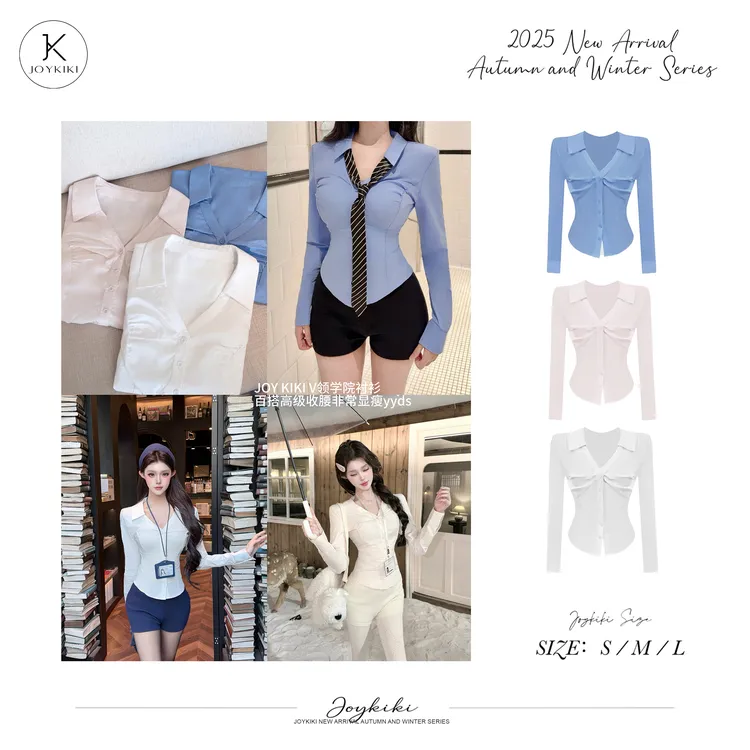 JOY KIKI鹅了么【韩女美学】学院风纯欲修身显瘦V领气质衬衫J25C398