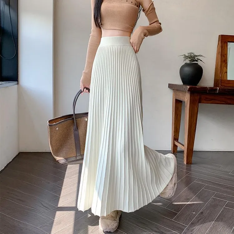 针织半身裙秋冬款2025新款高腰半身长裙冬季显瘦垂坠感a字百褶裙