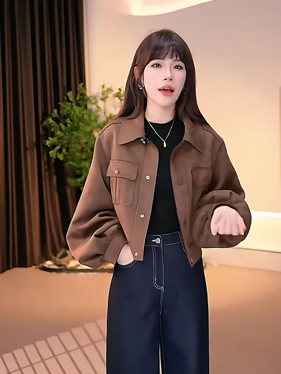 2025秋季新款韩版时尚百搭休闲工装翻领短外套女设计感气质短外套