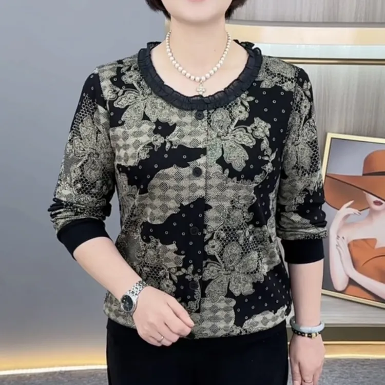 秋季新款时尚木耳花边洋气妈妈装宽松显瘦百搭女士打底衫H8103