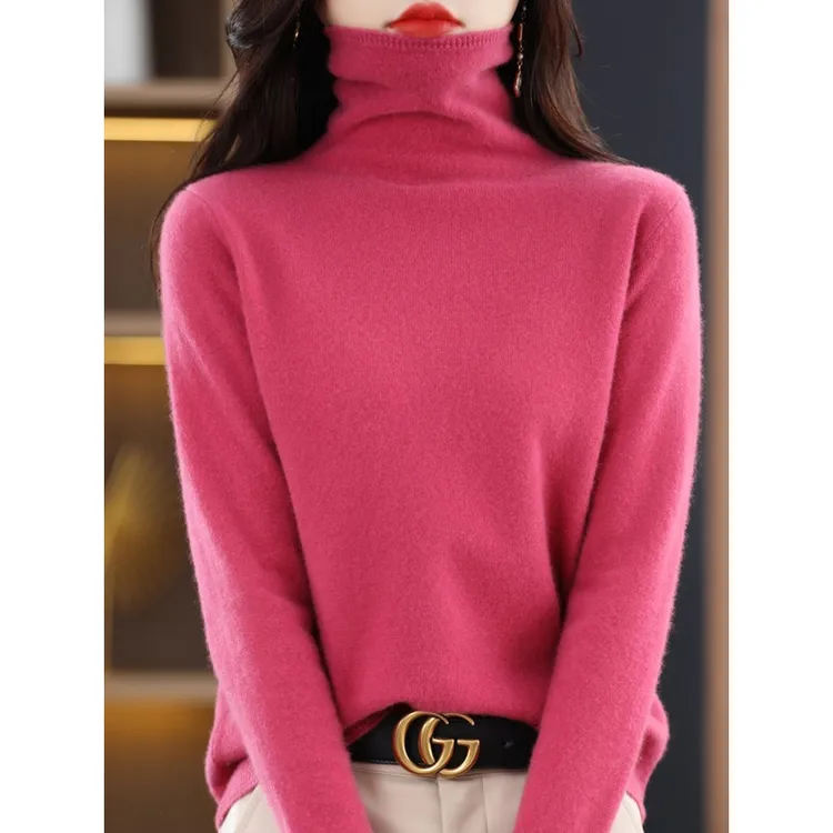 【一线成衣】100%羊毛衫女套头高领宽松毛衣堆堆领纯色长袖针织打底