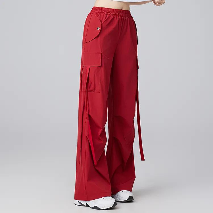 2025新款女士美式高腰飘带速干工装裤广场舞休闲运动阔腿直筒长裤