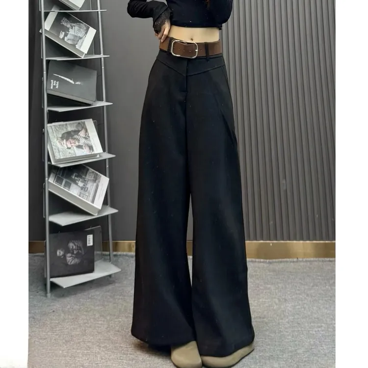 【送皮带】毛呢西装裤女秋冬2025新款高腰宽松百搭显瘦阔腿拖地裤