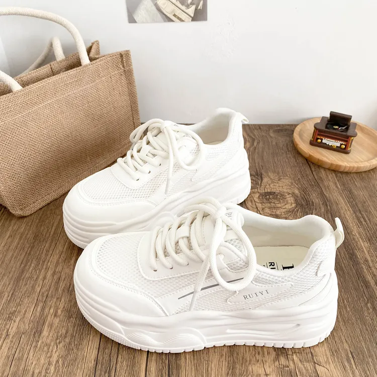 网面透气轻便小白鞋女2025夏厚底纯白色板鞋A595百搭运动休闲潮鞋
