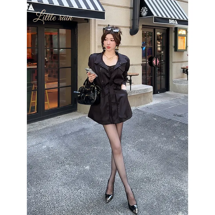 小雨姐姐秋款【墨晚风衣】复古美式宽松立体口袋收腰风衣外套女新款