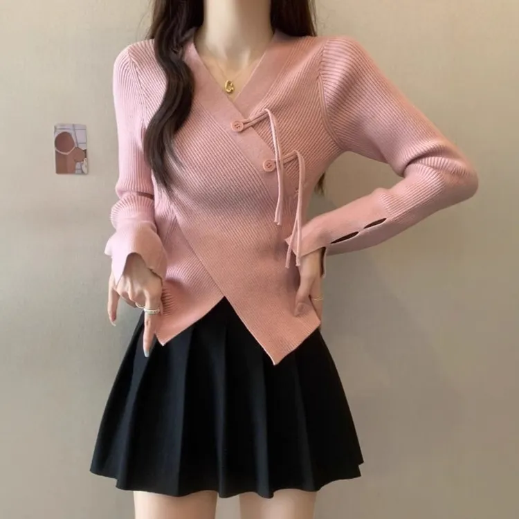 粉色盘扣V领针织衫毛衣女秋冬大码胖mm内搭打底衫不规则收腰上衣