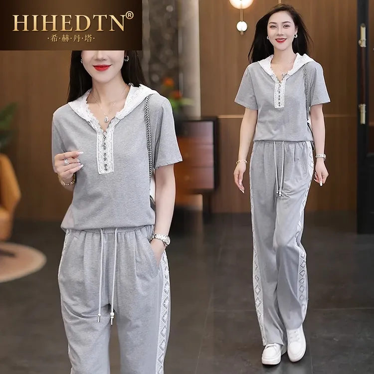 时尚连帽短袖直筒裤运动服两件套女夏季新款洋气蕾丝拼接休闲套装