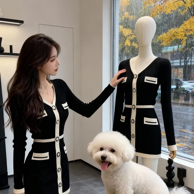 秋冬小个子OL内搭打底裙韩国高级设计千金感V领针织毛衣连衣裙女